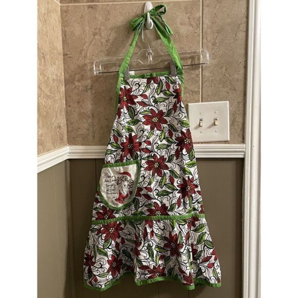 Christmas Apron Poinsettias Funny Naughty Or Nice‎ One Size